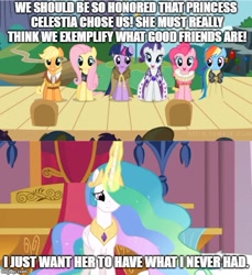 Size: 500x545 | Tagged: safe, edit, edited screencap, screencap, character:applejack, character:clover the clever, character:fluttershy, character:pinkie pie, character:princess celestia, character:rainbow dash, character:rarity, character:twilight sparkle, species:pony, episode:hearth's warming eve, episode:horse play, g4, my little pony: friendship is magic, chancellor puddinghead, commander hurricane, ethereal mane, female, glowing horn, mane six, mare, princess platinum, private pansy, smart cookie
