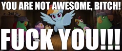 Size: 1920x808 | Tagged: safe, edit, edited screencap, screencap, character:applejack, character:boyle, character:fluttershy, character:lix spittle, character:mullet, character:murdock, character:rainbow dash, character:rarity, character:spike, character:storm king, my little pony: the movie (2017), anti-bronybait, blatant lies, downvote bait, image macro, meme, not awesome, parrot pirates, pirate, time to be awesome, verbal abuse, vulgar