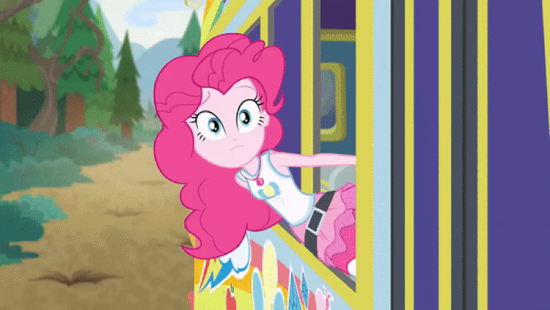 Size: 800x451 | Tagged: safe, edit, edited screencap, screencap, character:maud pie, character:mudbriar, character:pinkie pie, episode:road trippin', episode:the maud couple, g4, my little pony: equestria girls, my little pony: friendship is magic, my little pony:equestria girls, animated, bus, food, geode of sugar bombs, log, sprinkles, stick abuse, tour bus, tree