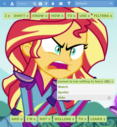 Size: 799x864 | Tagged: safe, edit, edited screencap, screencap, character:sunset shimmer, derpibooru, equestria girls:friendship games, g4, my little pony: equestria girls, my little pony:equestria girls, exploitable meme, filters, image macro, meme, meta, sunset is not willing to learn, tags