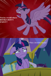 Size: 864x1296 | Tagged: safe, edit, edited screencap, screencap, character:twilight sparkle, character:twilight sparkle (alicorn), species:alicorn, species:pony, episode:horse play, episode:school daze, g4, my little pony: friendship is magic, bed, comic, cropped, female, floppy ears, messy mane, nightmare, solo, text, that pony sure does love books