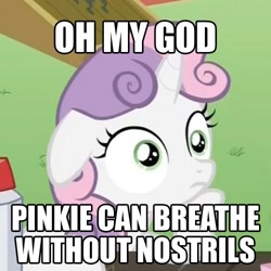 Size: 500x500 | Tagged: safe, edit, edited screencap, screencap, character:sweetie belle, episode:magic duel, episode:ponyville confidential, g4, my little pony: friendship is magic, caption, croppe, floppy ears, hoof on chin, image macro, implied pinkie pie, meme, sudden clarity sweetie belle
