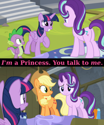 Size: 1920x2312 | Tagged: safe, edit, edited screencap, screencap, character:applejack, character:spike, character:starlight glimmer, character:twilight sparkle, character:twilight sparkle (alicorn), species:alicorn, species:dragon, species:earth pony, species:pony, species:unicorn, episode:horse play, g4, my little pony: friendship is magic, caption, cute, grin, happy, smiling, squee, stage, text, theater, wide eyes