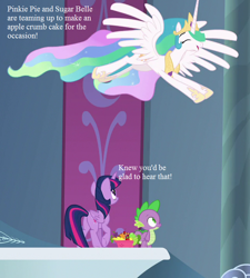 Size: 648x720 | Tagged: safe, edit, edited screencap, screencap, character:princess celestia, character:spike, character:twilight sparkle, character:twilight sparkle (alicorn), species:alicorn, species:dragon, species:pony, episode:horse play, g4, my little pony: friendship is magic, animation error, apple, canterlot castle, cropped, cute, cutelestia, female, flying, food, grapes, happy, implied pinkie pie, implied sugar belle, male, mare, prancelestia