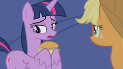 Size: 960x540 | Tagged: safe, edit, edited screencap, screencap, character:applejack, character:twilight sparkle, character:twilight sparkle (alicorn), species:alicorn, species:pony, episode:horse play, g4, my little pony: friendship is magic, burger, food, hay burger, twilight burgkle, wing gesture, wing hands