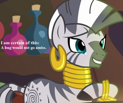 Size: 866x720 | Tagged: safe, edit, edited screencap, screencap, character:zecora, episode:what about discord?, g4, my little pony: friendship is magic, bronybait, cropped, cute, hug request, hugs?, text, zecora's hut, zecorable