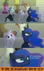 Size: 741x1200 | Tagged: safe, edit, edited screencap, screencap, character:berry punch, character:berryshine, character:coco crusoe, character:dark moon, character:fancypants, character:fleur-de-lis, character:graphite, character:junebug, character:princess luna, character:rainbow stars, character:rainbowshine, episode:horse play, g4, my little pony: friendship is magic, angry, luna is not amused, meme, triggered, unamused