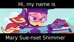 Size: 999x563 | Tagged: safe, edit, edited screencap, screencap, character:sunset shimmer, equestria girls:friendship games, g4, my little pony: equestria girls, my little pony:equestria girls, background pony strikes again, beating a dead horse, drama, drama bait, duckery in the description, female, helmet, mary sue, monologue, motorcross outfit, motorcycle helmet, op is a duck, op is trying to start shit, op isn't even trying anymore, op wants attention, solo, subtitle, trash dove