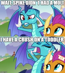 Size: 500x562 | Tagged: safe, edit, edited screencap, screencap, character:princess ember, character:smolder, character:spike, species:dragon, ship:emberspike, episode:molt down, episode:school daze, g4, my little pony: friendship is magic, claws, dragon lord ember, dragon wings, dragoness, engrish, eyes closed, female, grammar error, horns, image macro, kek, male, meme, open mouth, shipping, solo, straight, teeth, text, wings
