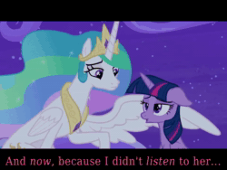 Size: 960x720 | Tagged: safe, edit, edited screencap, screencap, character:princess celestia, character:twilight sparkle, character:twilight sparkle (alicorn), species:alicorn, species:pony, episode:horse play, g4, my little pony: friendship is magic, animated, caption, cloud, letterboxing, night, no sound, sky, text, webm