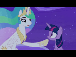Size: 960x720 | Tagged: safe, edit, screencap, character:princess celestia, character:twilight sparkle, character:twilight sparkle (alicorn), species:alicorn, species:pony, episode:horse play, g4, my little pony: friendship is magic, animated, caption, cloud, female, gem, gritted teeth, hooves, horn, jewelry, letterboxing, mare, night, night sky, no sound, on a cloud, raised hoof, regalia, sitting, sitting on a cloud, sky, standing on a cloud, stars, talking, teeth, text, tiara, webm, wings