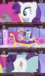 Size: 854x1440 | Tagged: safe, edit, edited screencap, screencap, character:rarity, character:spike, species:dragon, species:pony, species:unicorn, episode:inspiration manifestation, episode:magical mystery cure, g4, my little pony: friendship is magic, cinemare sins, couch, fainting couch, female, inspiration manifestation book, magic, male, mare, reading, swapped cutie marks, telekinesis