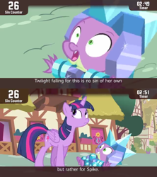 Size: 854x960 | Tagged: safe, edit, edited screencap, screencap, character:spike, character:twilight sparkle, character:twilight sparkle (alicorn), species:alicorn, species:dragon, species:pony, episode:inspiration manifestation, g4, my little pony: friendship is magic, cinemare sins, crystal, female, male, mare