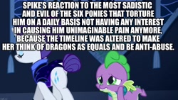 Size: 1280x720 | Tagged: safe, edit, edited screencap, screencap, character:rarity, character:spike, episode:the cutie re-mark, abuse, alternate timeline, blatant lies, downvote bait, funny, go to sleep garble, image macro, masochism, meme, night maid rarity, nightmare takeover timeline, op is a duck, op is being honest, op is trying too hard, sad, sadism, sadistic rarity, spikeabuse, spikeposting, truth