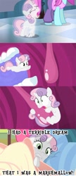 Size: 400x923 | Tagged: safe, edit, edited screencap, screencap, character:rarity, character:sweetie belle, episode:for whom the sweetie belle toils, episode:somepony to watch over me, g4, my little pony: friendship is magic, comic, food, marshmallow, mouth, nightmare, screencap comic, sweetie belle is a marshmallow too, sweetie belle nabbing uvula, teeth, uvula, vore