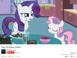 Size: 1547x1164 | Tagged: safe, edit, edited screencap, screencap, character:rarity, character:sweetie belle, episode:sisterhooves social, g4, my little pony: friendship is magic, burnt juice, liquid toast, meme, sweetie fail, top 10 anime list parody, watchmojo.com