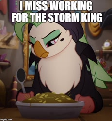 Size: 500x542 | Tagged: safe, edit, edited screencap, screencap, character:captain celaeno, my little pony: the movie (2017), cropped, image macro, meme, solo, stockholm syndrome, storm king's messenger outfit