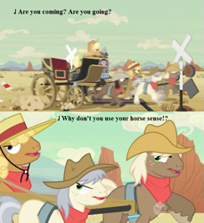 Size: 635x692 | Tagged: safe, edit, edited screencap, screencap, character:applejack, character:john bull, character:promontory, species:earth pony, species:pony, episode:the last roundup, g4, my little pony: friendship is magic, bandana, caboose, clothing, cowboy hat, desert, don't try this at home, evening star, friendship express, hat, hub logo, hubble, lyrics, male, railroad, railroad crossing, seven songs and a story, silly, silly pony, song reference, stagecoach, stallion, text, the hub, wagon, who's a silly pony