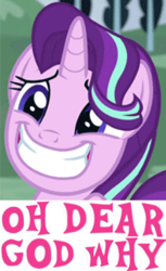 Size: 233x381 | Tagged: safe, edit, edited screencap, screencap, character:starlight glimmer, episode:a royal problem, g4, my little pony: friendship is magic, caption, cropped, expand dong, exploitable meme, female, grin, image macro, meme, nervous, nervous grin, smiling, solo, why