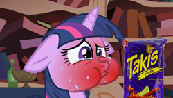 Size: 1280x720 | Tagged: safe, edit, edited screencap, screencap, character:twilight sparkle, episode:friendship is magic, g4, my little pony: friendship is magic, female, floppy ears, food, golden oaks library, red face, snack, snacks, solo, spicy, takis