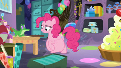 Size: 1024x575 | Tagged: safe, edit, edited screencap, screencap, character:gummy, character:pinkie pie, episode:secrets and pies, g4, my little pony: friendship is magic, belly, chocolate, fat, fat edit, food, huge belly, party cave, pudgy pie, weight gain