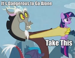 Size: 664x509 | Tagged: safe, edit, edited screencap, screencap, character:discord, character:twilight sparkle, species:pony, episode:the return of harmony, g4, my little pony: friendship is magic, cropped, frown, grin, holding a pony, it's dangerous to go alone, meme, open mouth, quote, reaction image, reference, smiling, the legend of zelda