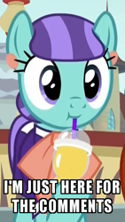 Size: 355x631 | Tagged: safe, edit, edited screencap, screencap, character:mixed berry, species:earth pony, species:pony, episode:the parent map, g4, :t, background pony, clothing, cropped, cute, cuteaberry, drink, drinking, drinking straw, ear piercing, earring, female, i just came to read the comments, image macro, jewelry, mare, meme, piercing, reaction image, smoothie, solo, sucking