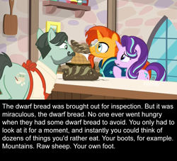 Size: 1280x1164 | Tagged: safe, edit, edited screencap, screencap, character:cracked wheat, character:starlight glimmer, character:sunburst, species:earth pony, species:pony, species:unicorn, episode:the parent map, g4, :s, ancient pony grain bread, apron, baker, bakery, beard, bread, caption, clothing, discovery family logo, discworld, dwarf bread, facial hair, female, food, male, mare, moustache, quote, sire's hollow, stallion, text, wall of text, wavy mouth