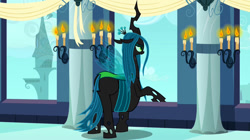 Size: 1024x575 | Tagged: safe, edit, edited screencap, screencap, character:queen chrysalis, species:changeling, episode:a canterlot wedding, g4, my little pony: friendship is magic, belly, big belly, candle, changeling queen, fat, fat edit, female, huge butt, large butt, lidded eyes, overweight, queen chrysalard, raised hoof, solo, spread wings, wings