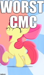Size: 423x720 | Tagged: safe, edit, edited screencap, screencap, character:apple bloom, episode:flight to the finish, g4, my little pony: friendship is magic, abuse, applebuse, blatant lies, bronybait, cropped, go to sleep grey hoof, hearts as strong as horses, image macro, meme, op is a duck, op is trying to start shit, op is trying to start shit so badly that it's kinda funny, op is trying too hard, solo focus, worst pony