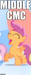 Size: 300x720 | Tagged: safe, edit, edited screencap, screencap, character:scootaloo, species:pegasus, species:pony, episode:flight to the finish, g4, my little pony: friendship is magic, bronybait, cropped, hearts as strong as horses, image macro, meme, op is a duck, op is trying to start shit, solo focus