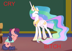 Size: 828x590 | Tagged: safe, edit, edited screencap, screencap, character:princess celestia, character:raspberry beret, species:alicorn, species:earth pony, species:pony, episode:horse play, g4, my little pony: friendship is magic, season 8, spoiler:s08, cropped, cry bitch, crying, happy, meme, princess, sad, smiling, vulgar