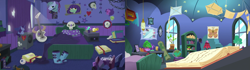 Size: 3840x1080 | Tagged: safe, edit, edited screencap, screencap, character:starlight glimmer, episode:the maud couple, episode:the parent map, g4, my little pony: friendship is magic, bed, book, comparison, edgelight glimmer, eyeball, goth, guitar, kite, mirror, moth, plushie, poster, skateboard, skull, starlight's room