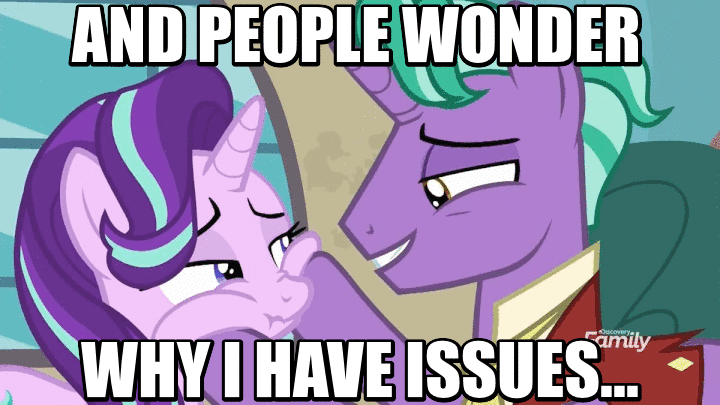 Size: 720x405 | Tagged: safe, edit, edited screencap, screencap, character:firelight, character:starlight glimmer, species:pony, species:unicorn, episode:the parent map, g4, animated, annoyed, aside glance, father and daughter, female, image macro, lidded eyes, looking at you, looking sideways, male, mare, meme, sire's hollow, squishy cheeks, stallion