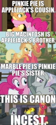 Size: 1280x2842 | Tagged: safe, edit, edited screencap, screencap, character:applejack, character:big mcintosh, character:marble pie, character:pinkie pie, species:earth pony, species:pony, ship:marblemac, episode:applebuck season, episode:hearthbreakers, episode:pinkie apple pie, g4, my little pony: friendship is magic, butt, canon, caption, comic, cousins, downvote bait, female, fire, image macro, implied incest, male, mare, meme, plot, shipping, siblings, slowpoke, stallion, straight