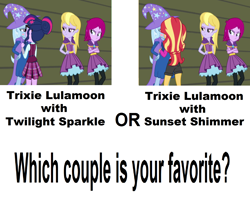 Size: 1976x1616 | Tagged: safe, edit, edited screencap, screencap, character:fuchsia blush, character:lavender lace, character:sunset shimmer, character:trixie, character:twilight sparkle, character:twilight sparkle (scitwi), species:eqg human, ship:suntrix, ship:twixie, equestria girls:rainbow rocks, g4, my little pony: equestria girls, my little pony:equestria girls, choice, female, lesbian, sci-twixie, shipping, trixie and the illusions