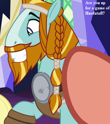 Size: 400x450 | Tagged: safe, edit, edited screencap, screencap, character:applejack, character:rockhoof, episode:shadow play, g4, my little pony: friendship is magic, board game, bronybait, cropped, excited, grin, happy, hnefatafl, norse, old norse, smiling, text, twilight's castle