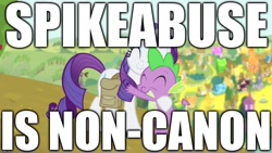 Size: 1280x720 | Tagged: safe, edit, edited screencap, screencap, character:rarity, character:spike, species:dragon, species:pony, species:unicorn, episode:inspiration manifestation, g4, my little pony: friendship is magic, abuse, canon, duo, eyes closed, false, female, golden road, hug, image macro, male, mare, meme, spikeabuse, spikelove