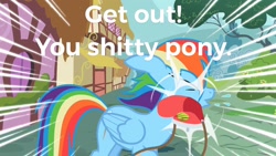 Size: 1280x720 | Tagged: safe, edit, edited screencap, screencap, character:rainbow dash, episode:the mysterious mare do well, g4, my little pony: friendship is magic, abuse, background pony strikes again, dashabuse, downvote bait, offscreen character, op is a duck, op is trying to start shit, op is trying to start shit so badly that it's kinda funny, vulgar