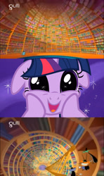 Size: 1920x3240 | Tagged: safe, edit, edited screencap, screencap, character:twilight sparkle, species:pony, episode:the crystal empire, g4, my little pony: friendship is magic, book, cockroach, comic, female, floppy ears, insect, library, mare, oggy and the cockroaches, roach, shelves, solo, that pony sure does love books