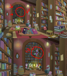 Size: 1920x2160 | Tagged: safe, edit, edited screencap, screencap, character:cracked wheat, character:firelight, character:starlight glimmer, character:sunburst, episode:the parent map, g4, barrel, book, bookshelf, ladder, library