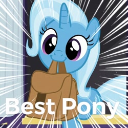 Size: 720x720 | Tagged: safe, edit, edited screencap, screencap, character:trixie, species:pony, species:unicorn, episode:to where and back again, g4, my little pony: friendship is magic, best pony, cropped, cute, diatrixes, female, mouth hold, saddle bag, solo, text