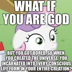 Size: 500x500 | Tagged: safe, edit, edited screencap, screencap, character:sweetie belle, episode:ponyville confidential, g4, my little pony: friendship is magic, cropped, exploitable meme, female, god, image macro, meme, meta, obligatory pony, op is on drugs, philosophy, self aware, solo, sudden clarity sweetie belle, wat