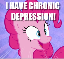 Size: 793x725 | Tagged: safe, edit, edited screencap, screencap, character:pinkie pie, cropped, dissonant caption, female, image macro, irrational exuberance, lies, meme, smiling, solo, text