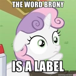 Size: 400x400 | Tagged: safe, edit, edited screencap, screencap, character:sweetie belle, episode:ponyville confidential, g4, my little pony: friendship is magic, brony, check your privilege, cropped, female, floppy ears, hoof on chin, image macro, label, meme, solo, sudden clarity sweetie belle