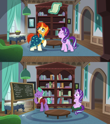 Size: 1920x2160 | Tagged: safe, edit, edited screencap, screencap, character:firelight, character:starlight glimmer, character:sunburst, species:pony, species:unicorn, episode:the parent map, episode:uncommon bond, g4, my little pony: friendship is magic, animation error, chalkboard, comparison, continuity, father and daughter, female, magic, male, mare, stallion, telekinesis