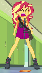 Size: 496x863 | Tagged: safe, edit, screencap, character:sunset shimmer, equestria girls:forgotten friendship, g4, my little pony: equestria girls, my little pony:equestria girls, angry, boots, bread, clothing, coin, cropped, eyes closed, female, food, geode of empathy, jacket, leather jacket, lockers, magical geodes, open mouth, shoes, solo