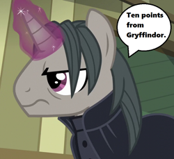 Size: 784x719 | Tagged: safe, edit, edited screencap, screencap, episode:a hearth's warming tail, g4, my little pony: friendship is magic, cropped, dialogue, doorway, frown, grumpy, gryffindor, harry potter, magic, magic aura, professor flintheart, season 6, severus snape, solo, speech bubble, text