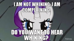 Size: 550x310 | Tagged: source needed, useless source url, safe, edit, edited screencap, screencap, character:rarity, episode:a dog and pony show, g4, my little pony: friendship is magic, female, looking at you, meme, obtrusive text, solo, this will not end well, whining, writing