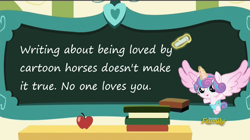 Size: 1915x1075 | Tagged: safe, edit, edited screencap, screencap, character:princess flurry heart, species:alicorn, species:pony, episode:a flurry of emotions, g4, my little pony: friendship is magic, anti-bronybait, apple, book, brutal honesty, chalk, chalkboard, desk, discovery family logo, drama, eraser, exploitable meme, female, flurry heart ruins everything, flurry heart's chalkboard, food, levitation, lies, looking at you, magic, meme, op is a duck, op is trying to start shit, reality sucks, solo, telekinesis, your waifu will never love you